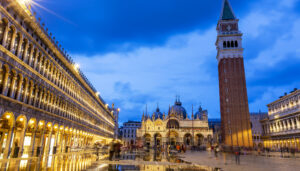 View of St Mark’s Square with aqua alta at night