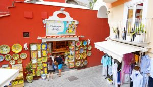 Typical medieval narrow street in beautiful town of Positano. Pottery