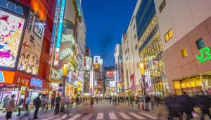 Students walking through Akihabara in Tokyo, Japan—exploring Japanese pop culture, anime, and technology during a school trip focused on media and cultural studies.