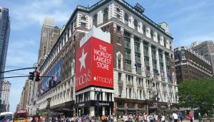 Exterior of Macy’s flagship store in New York City, the world’s largest department store, popular destination for school trips and shopping tours.