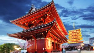 Senso-ji Temple and five-storey pagoda illuminated at dusk in Asakusa, Tokyo – a key cultural site for school trips exploring Japan’s oldest Buddhist temple and Edo-period history