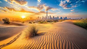Students viewing Dubai skyline from the desert at sunset which is part of a Kipling Tours school trip exploring UAE geography