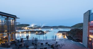Evening view of the Blue Lagoon geothermal spa in Iceland, where students learn about volcanic activity, renewable energy, and environmental science during a school trip.