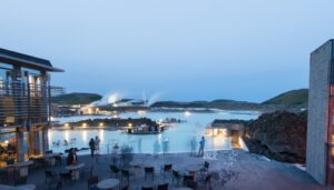 Evening view of the Blue Lagoon geothermal spa in Iceland, where students learn about volcanic activity, renewable energy, and environmental science during a school trip.